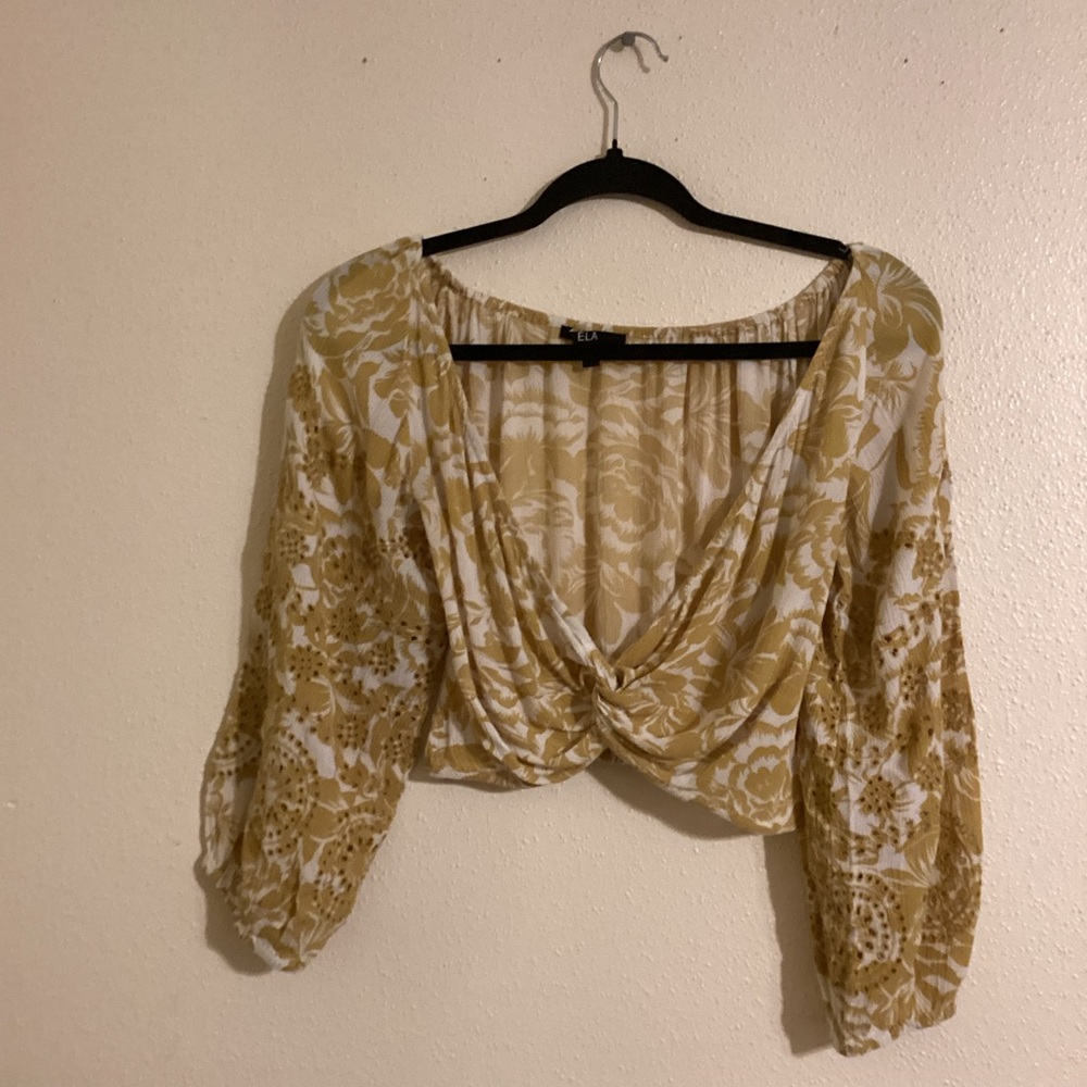 ELA Mustard Floral Twist-Front Crop Top